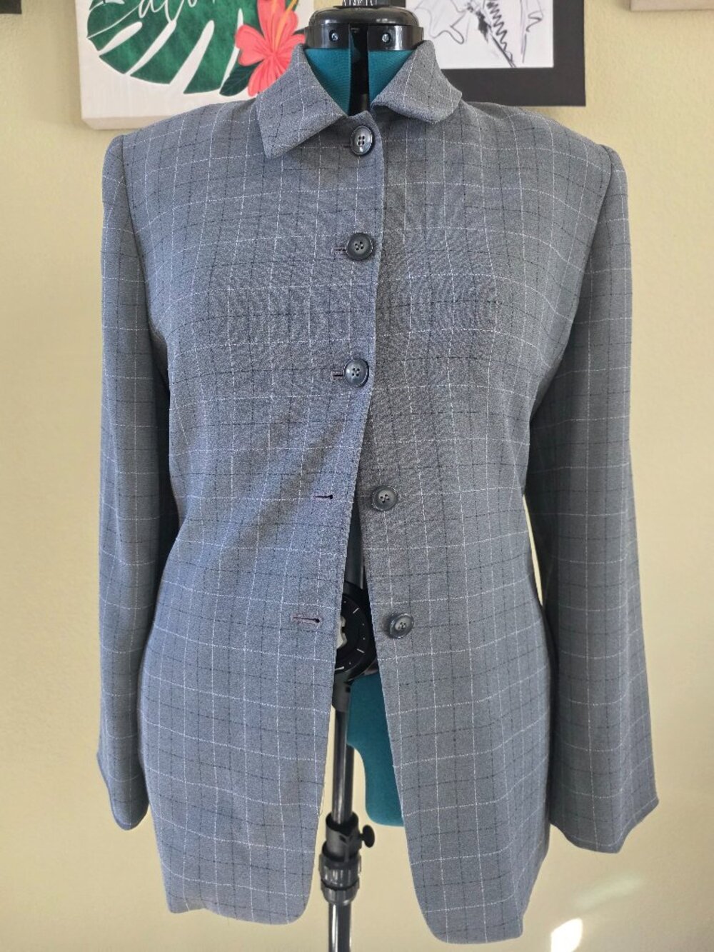 Vintage Jones Wear Grey Grid Pattern Blazer Jacket
